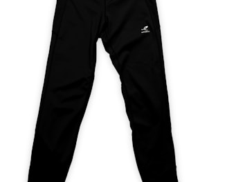 A pair of black athletic pants with a logo on the upper thigh area. The pants have a sleek design with a high waistband.