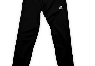 A pair of black athletic pants with a logo on the upper thigh area. The pants have a sleek design with a high waistband.